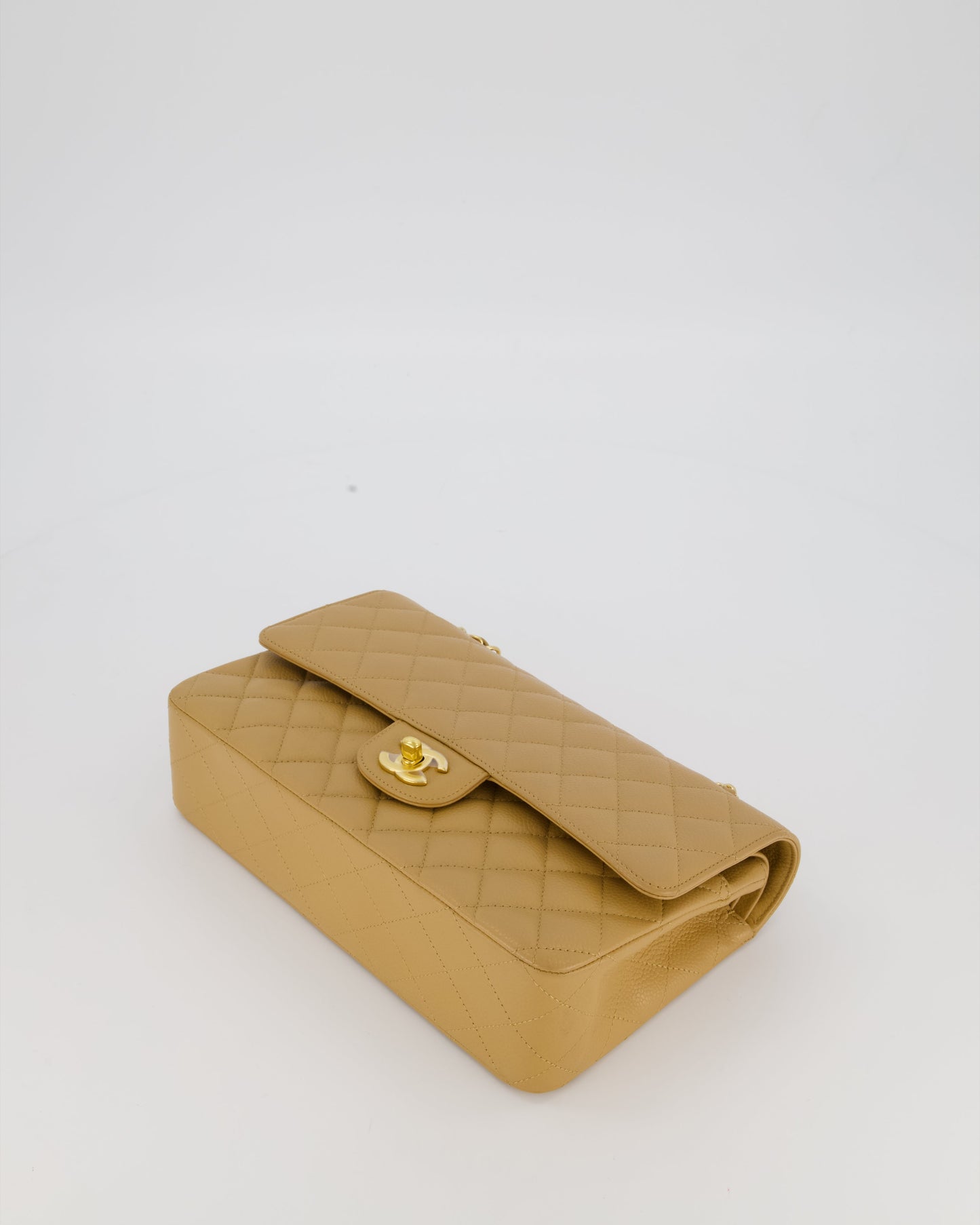 Chanel Chai Latte Medium Classic Double Flap Bag in Caviar Leather with 24K Gold Hardware