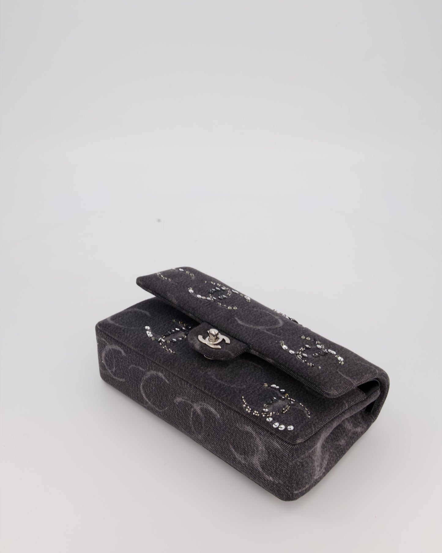 Chanel Denim Charcoal Medium Double Flap Bag with Silver Hardware and Sequin CC Detail