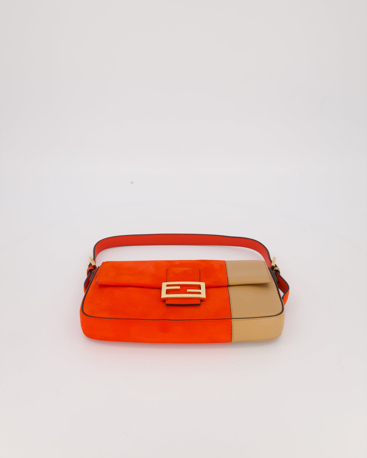 Fendi Fiery Orange and Beige Baguette 1997 Suede and Leather Contrasting Shoulder Bag with Gold Hardware
