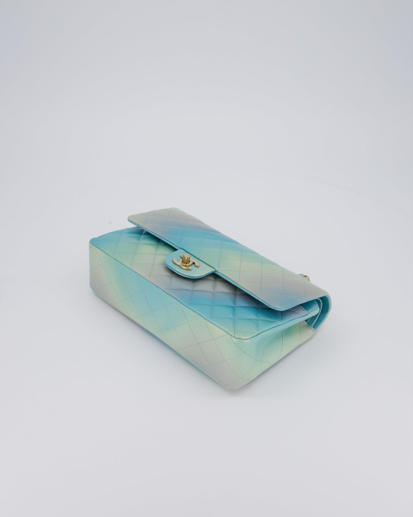 Chanel Blue, Yellow and Pink Iridescent Ombre Classic Medium Double Flap Bag in Lambskin with Champagne Gold hardware