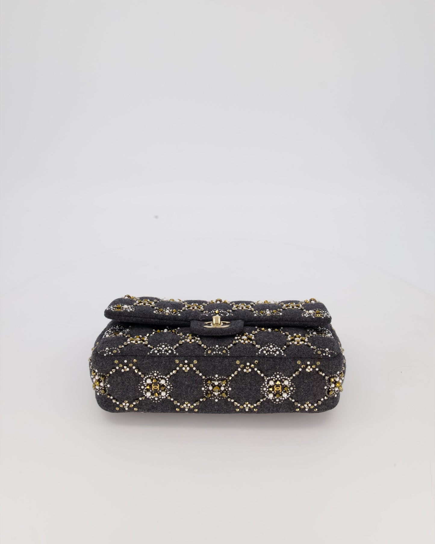 Chanel 21A Dark Grey Pearl Strass Crystal CC Classic Medium Double Flap Bag in Wool with Champagne Gold Hardware