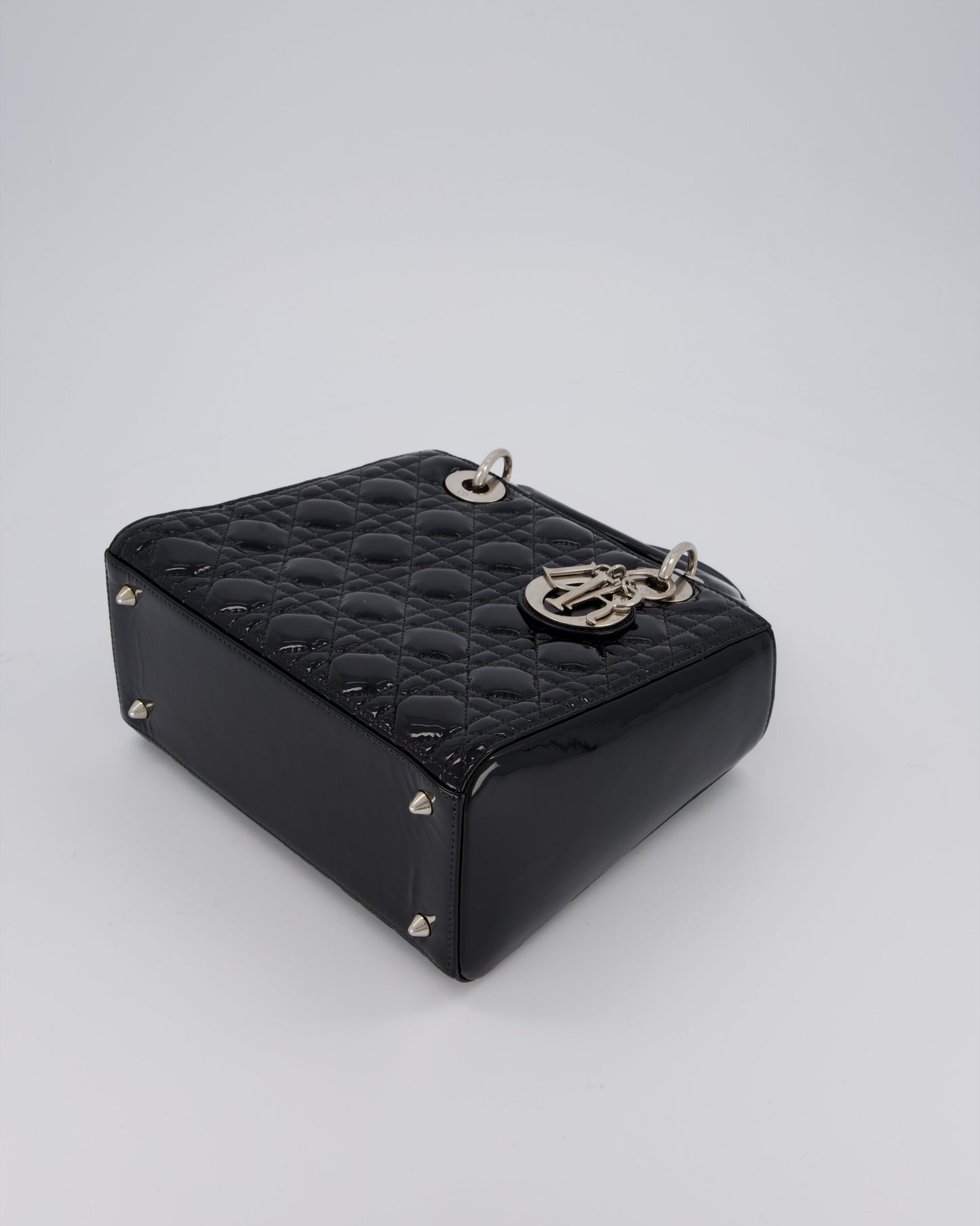 Christian Dior Medium Lady Dior Bag in Black Patent Leather With Silver Hardware
