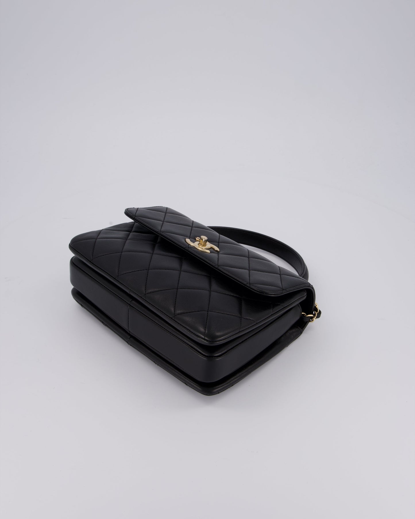 Chanel Black Small Trendy CC Top Handle Flap Bag in Quilted Lambskin Leather with Champagne Gold Hardware