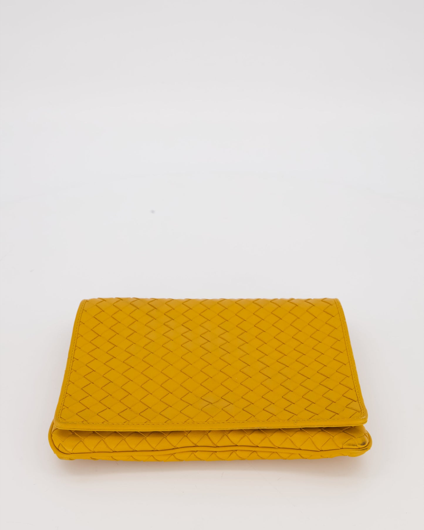 Bottega Veneta Crossbody Flap Bag on Strap in Mustard Yellow Intrecciato Leather with Gold Hardware