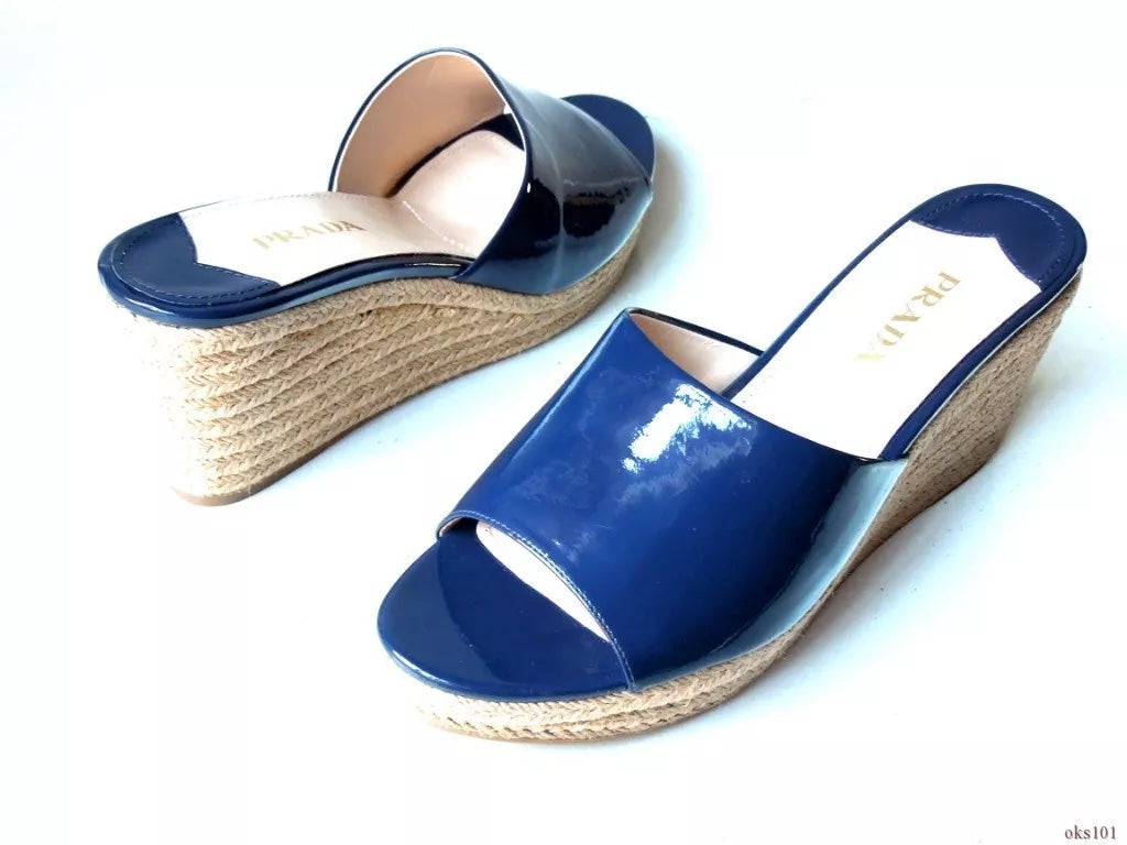 PRADA PATENT LEATHER WEDGE HEEL ESPADRILLE MULES