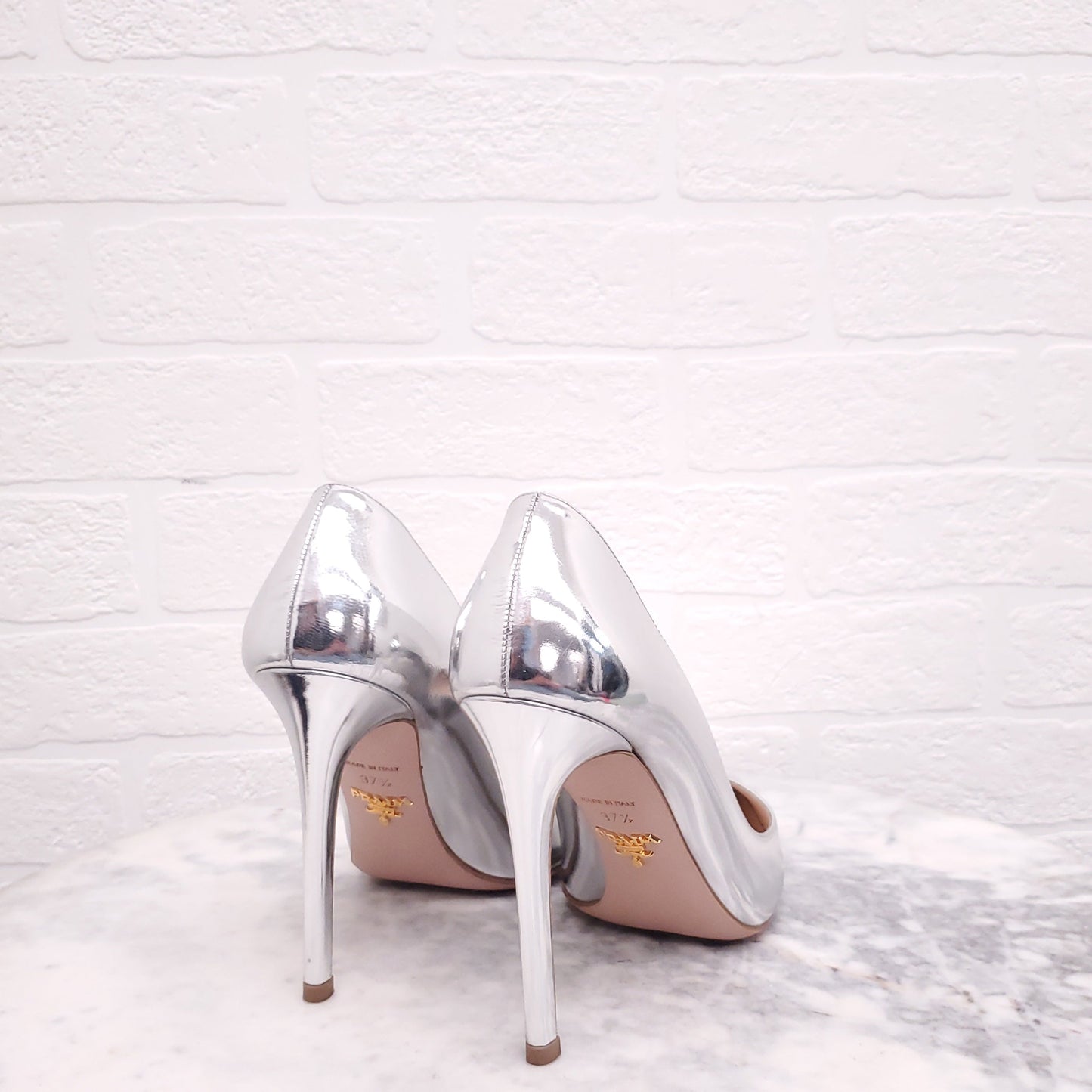 PRADA METALLIC SILVER HEELS - SIZE 37.5