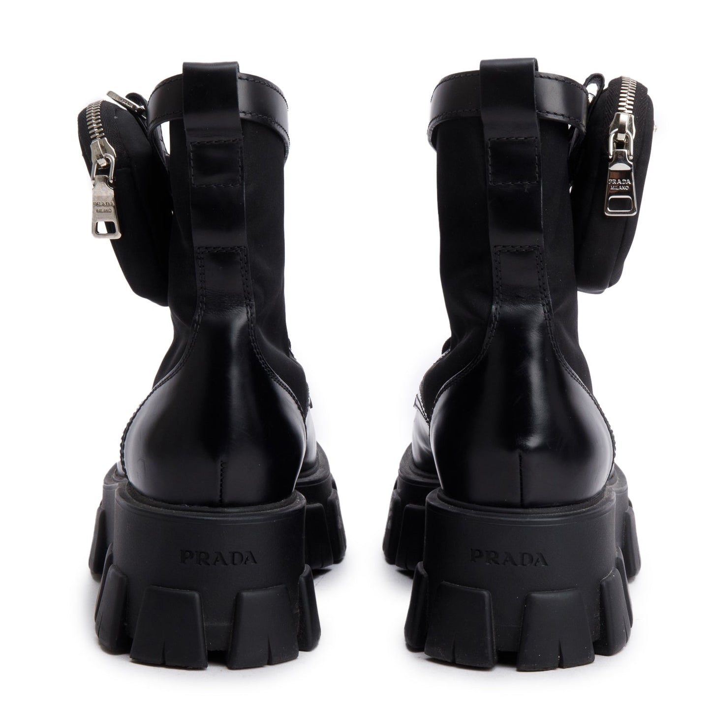 Prada Black Monolith Leather and Re-Nylon Boots with Pouch, Mens Size 40.5