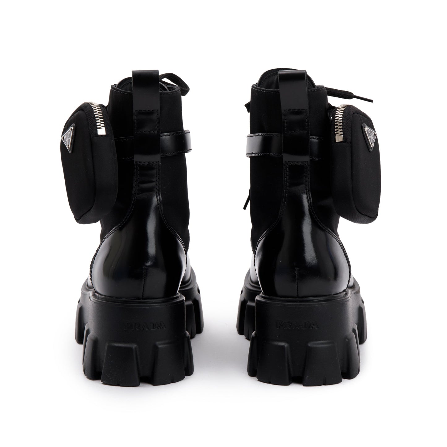 Prada Black Monolith Leather and Re-Nylon Boots with Pouch, Size 38