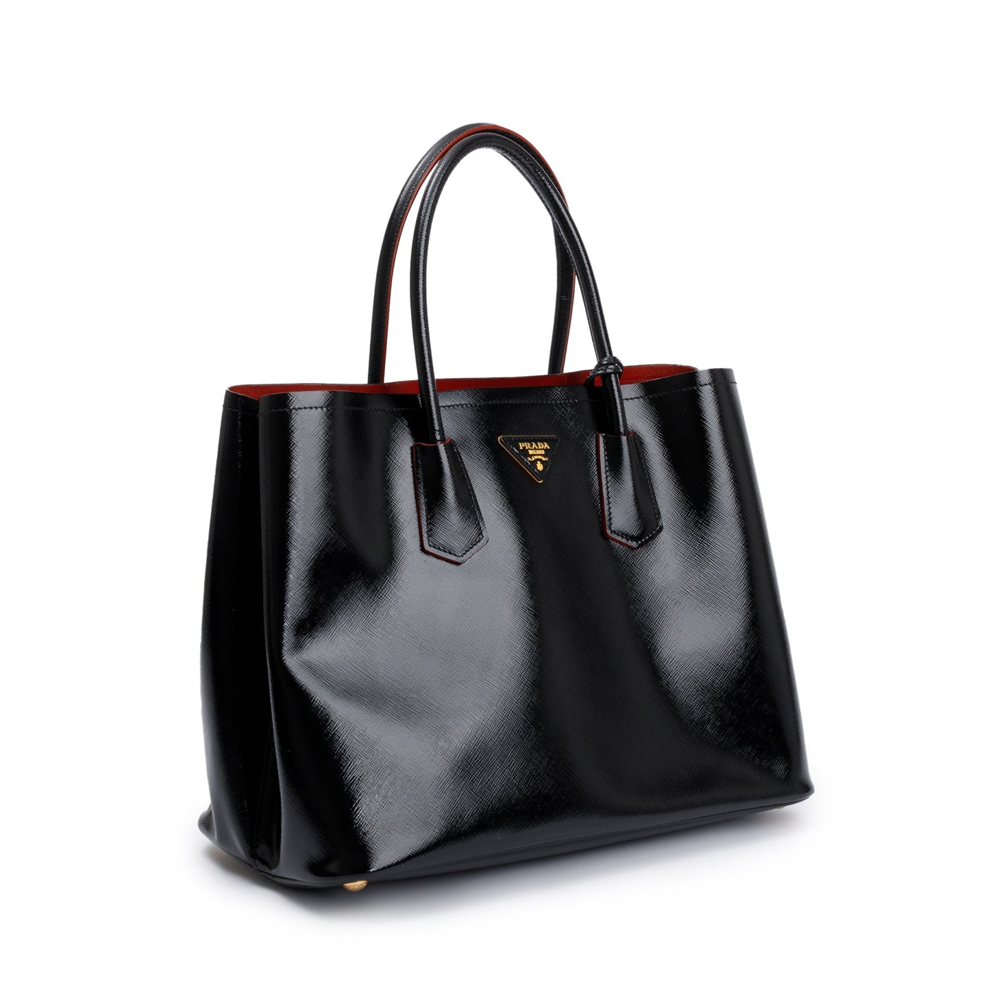 Prada Black/Red Saffiano Vernice Shiny Medium Cuir Double Tote