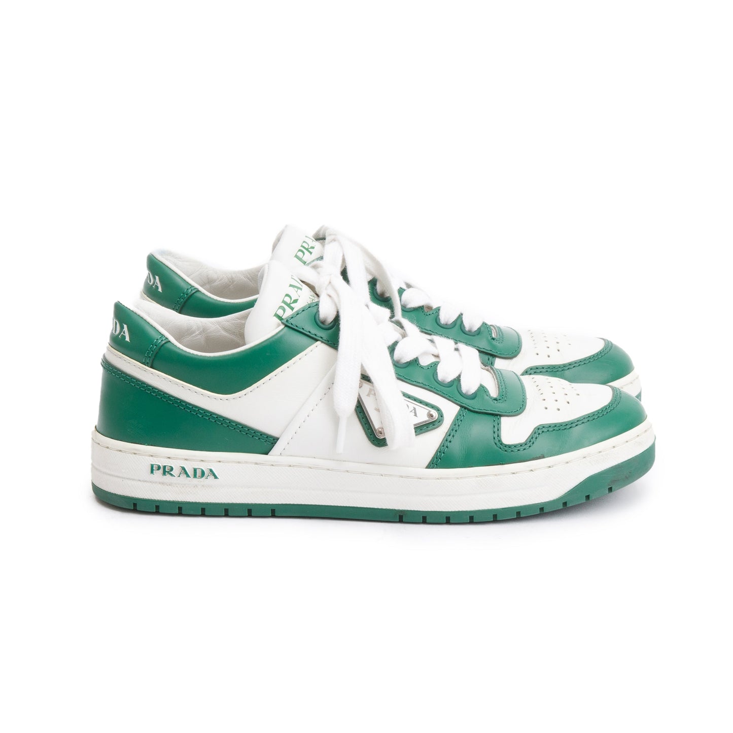 Prada Green/White Calfskin Enamel Triangle Logo Sneakers, Size 35