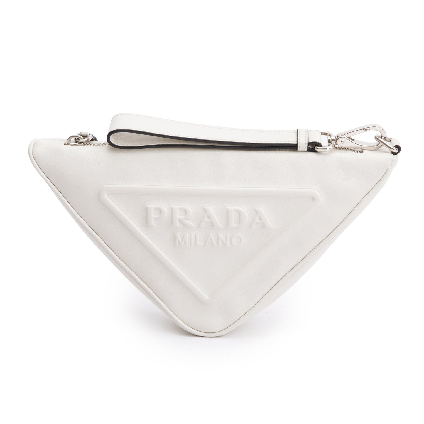 Prada White Grace Lux Leather Triangle Wristlet Clutch