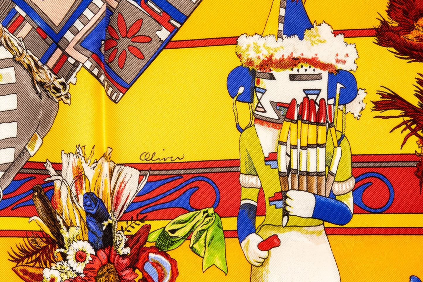 Hermes Yellow Silk Kachinas Scarf By Kermit Oliver