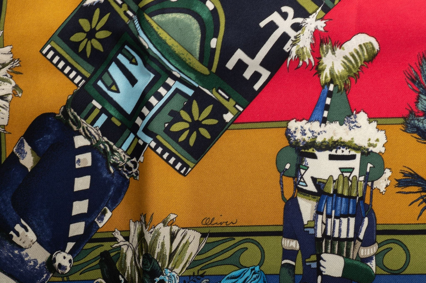 Hermes Red Moutard Kachinas Silk Scarf
