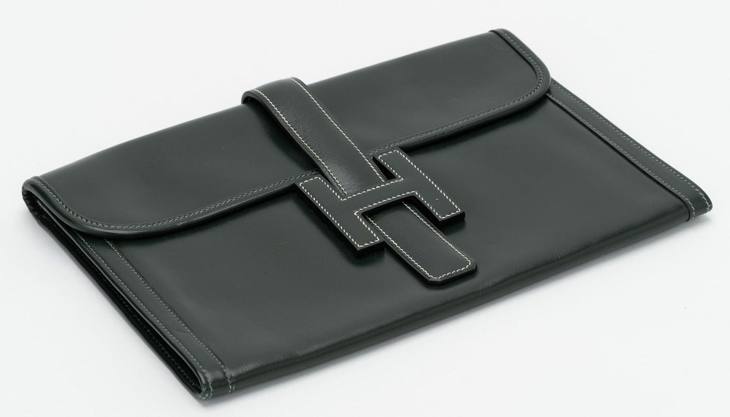 Hermes Jige Clutch Box Calf Green