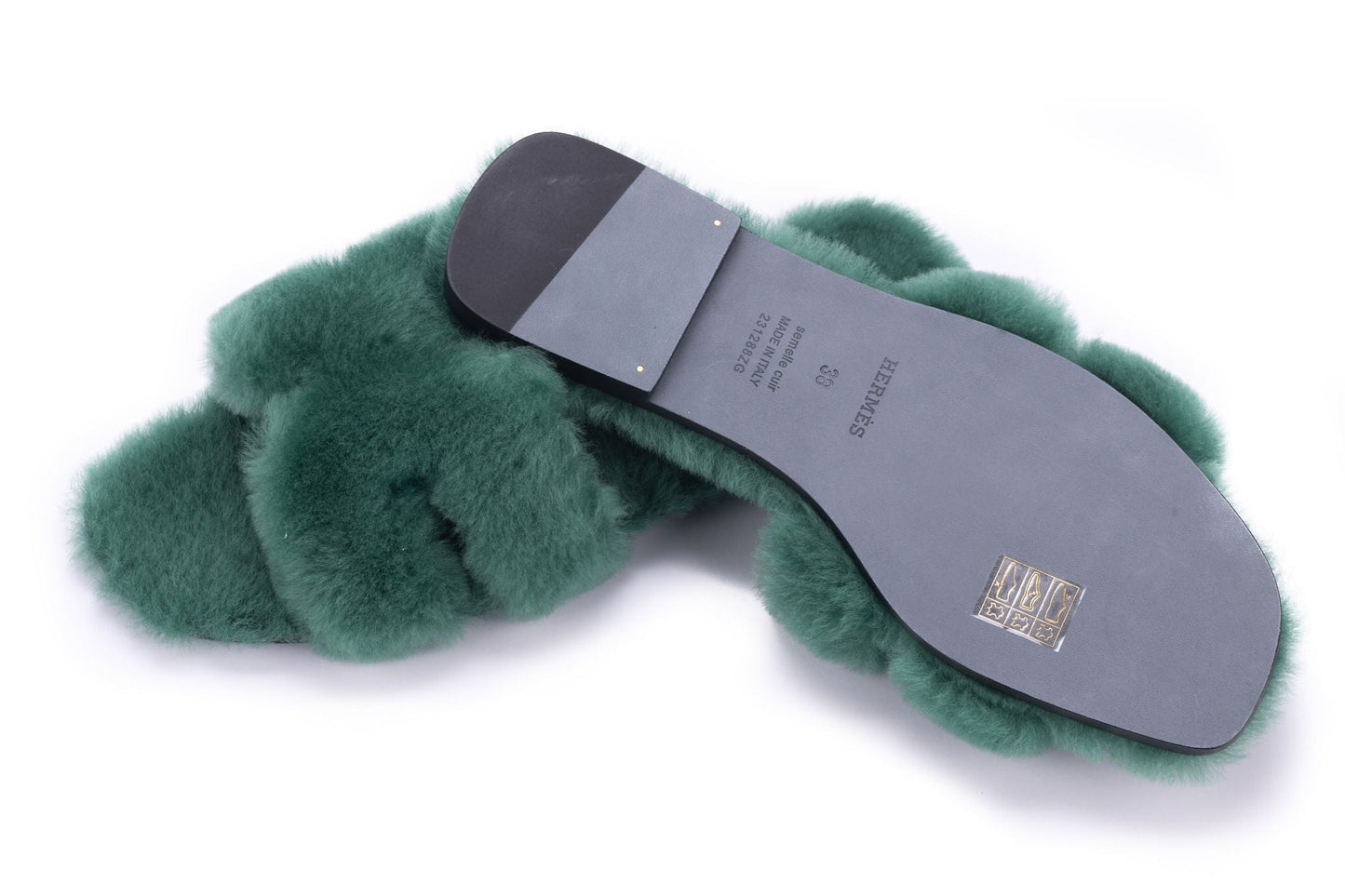 Hermes Oran Sandals Green Woolskin