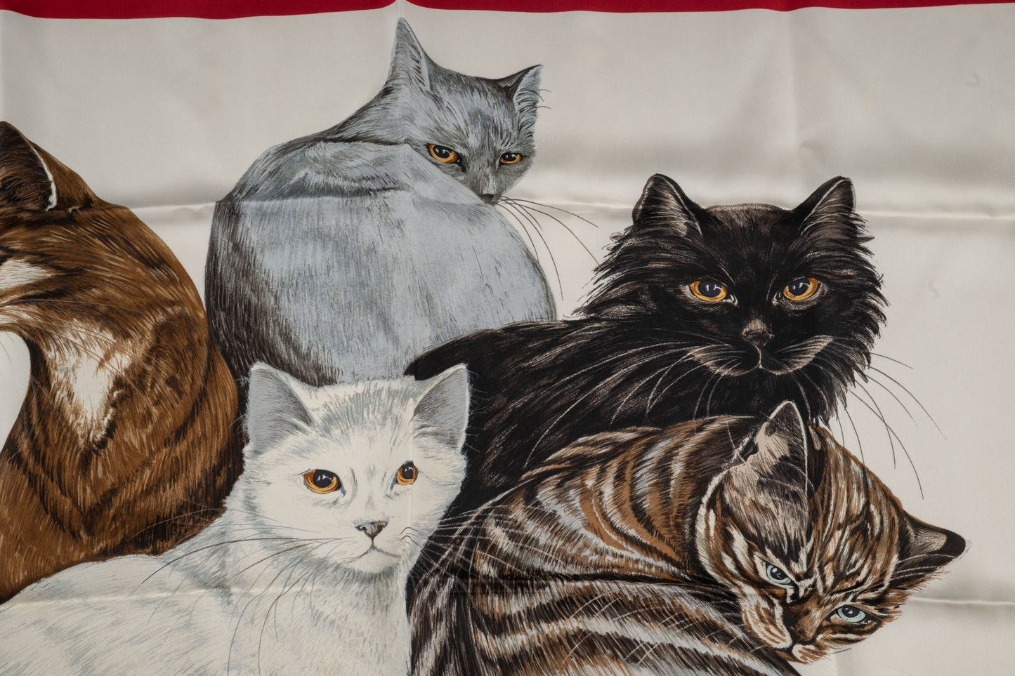 Hermes "Les Chats" Black Red Silk Scarf