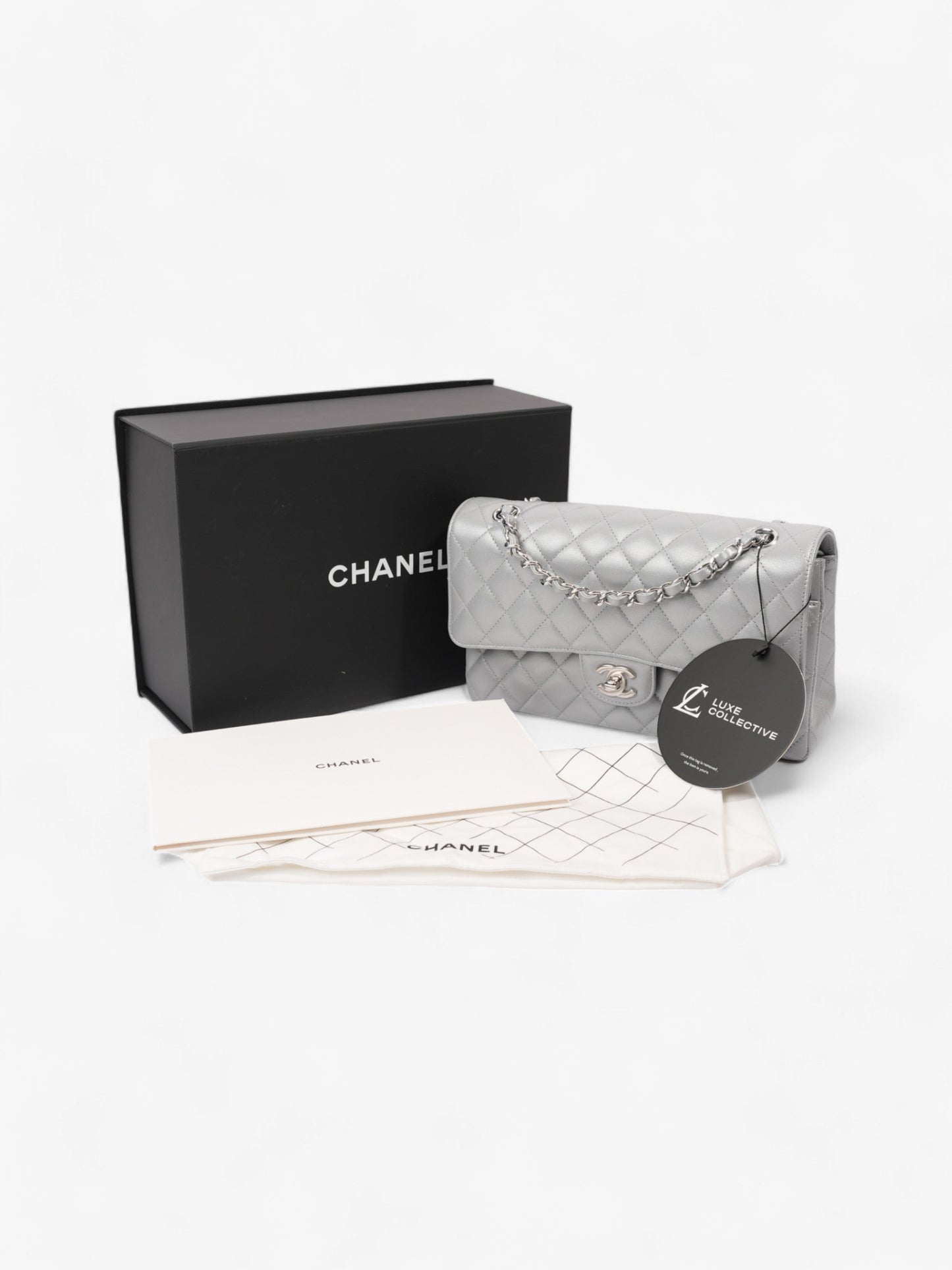 Chanel Classic Double Flap Silver Lambskin Leather Medium