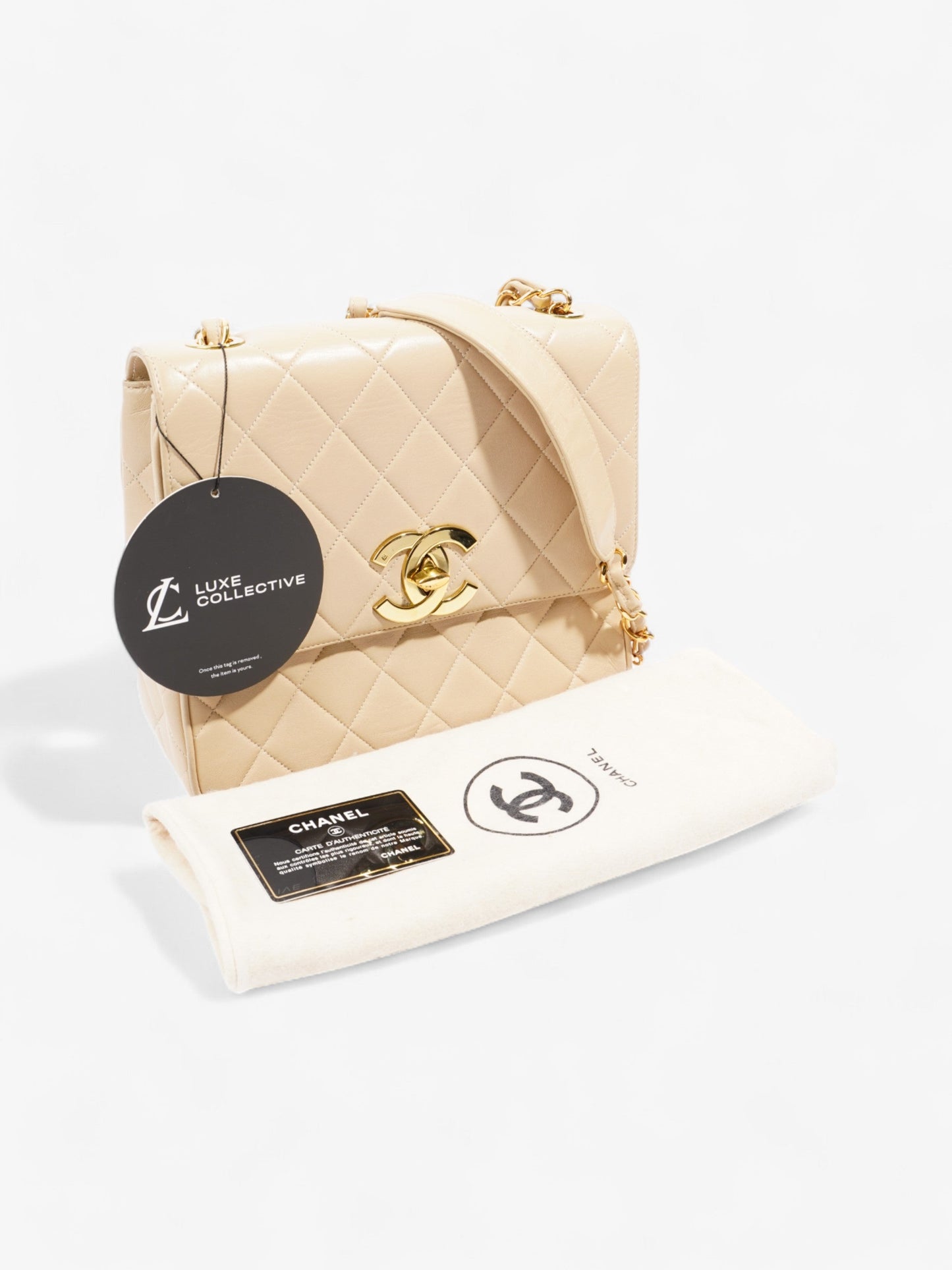 Chanel Square Flap Beige Lambskin Leather Jumbo