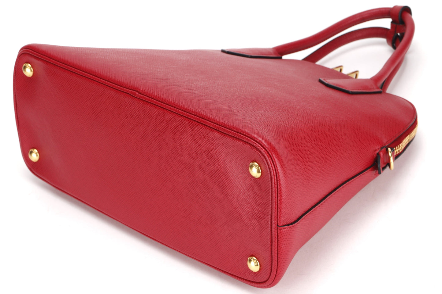PRADA CONVERTIBLE DOME SATCHEL LARGE RED SAFFIANO LEATHER GOLD HARDWARE, WITH CARD, STRAP & DUST COVER