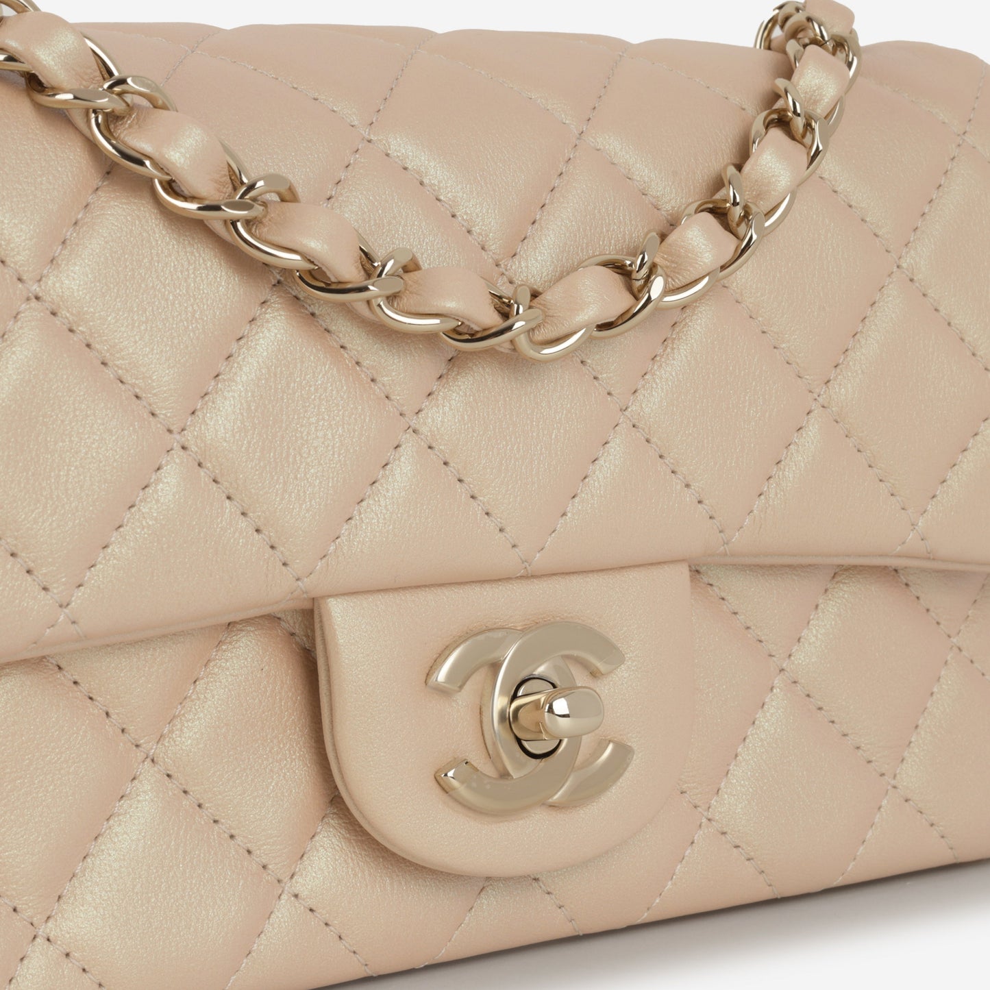 Chanel Mini Rectangular - Pearlescent Beige Lambskin | Champagne Gold Hardware