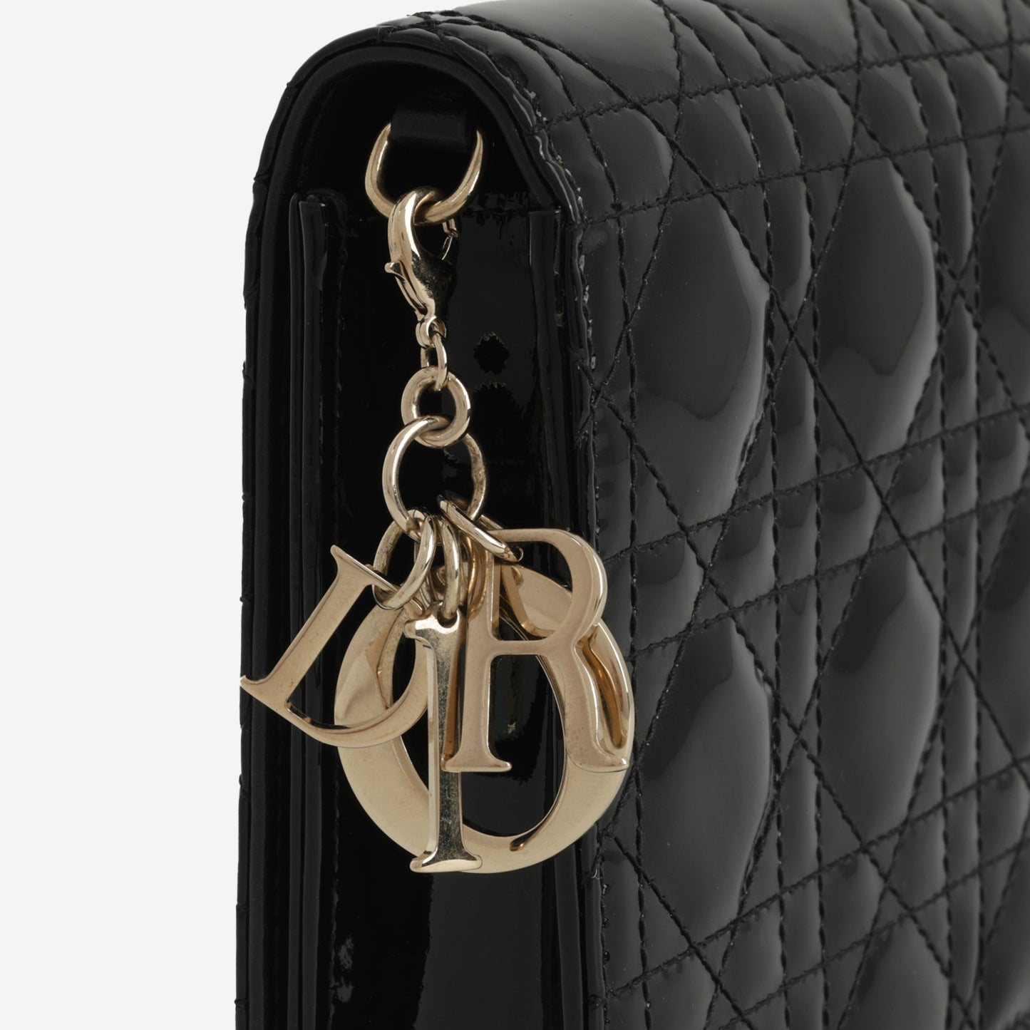 Dior Lady Dior Pouch - Black Patent Cannage | Champagne Gold Hardware