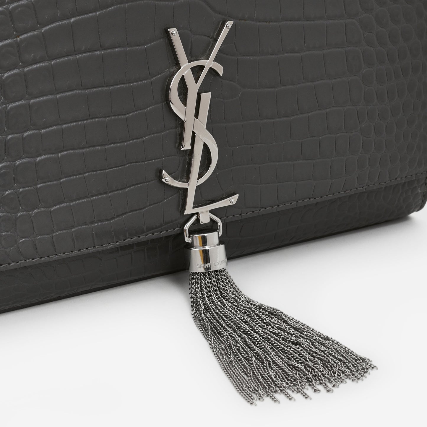 Saint Laurent Medium Kate Tassel Bag - Grey Croc Embossed | Silver Hardware