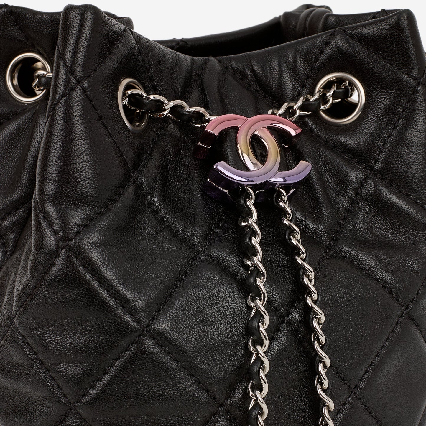 Chanel Rainbow CC Drawstring Bucket Bag - Black Lambskin | Rainbow CC Hardware