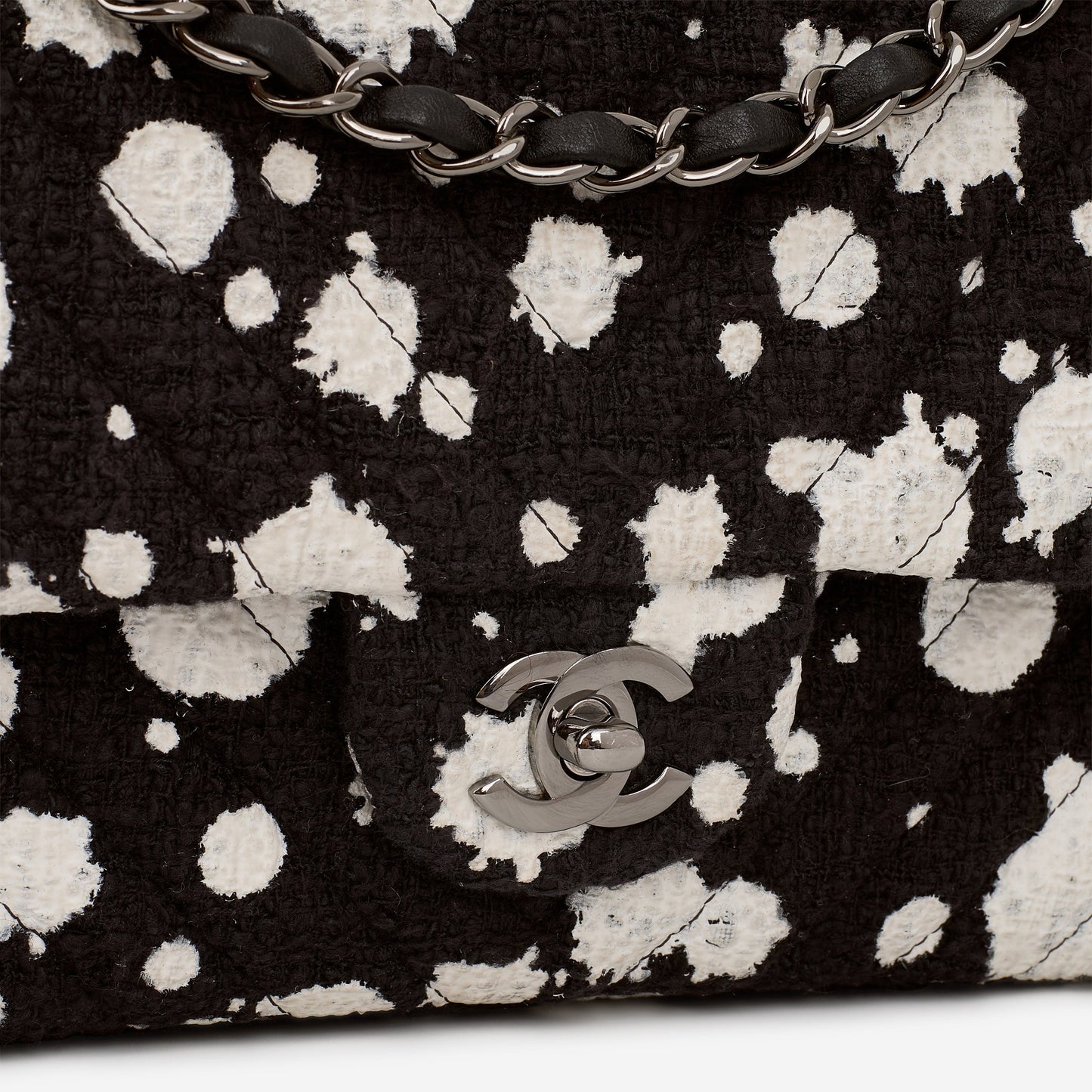 Chanel Medium Classic Flap Bag - Black / White Splatter Tweed | Silver Hardware