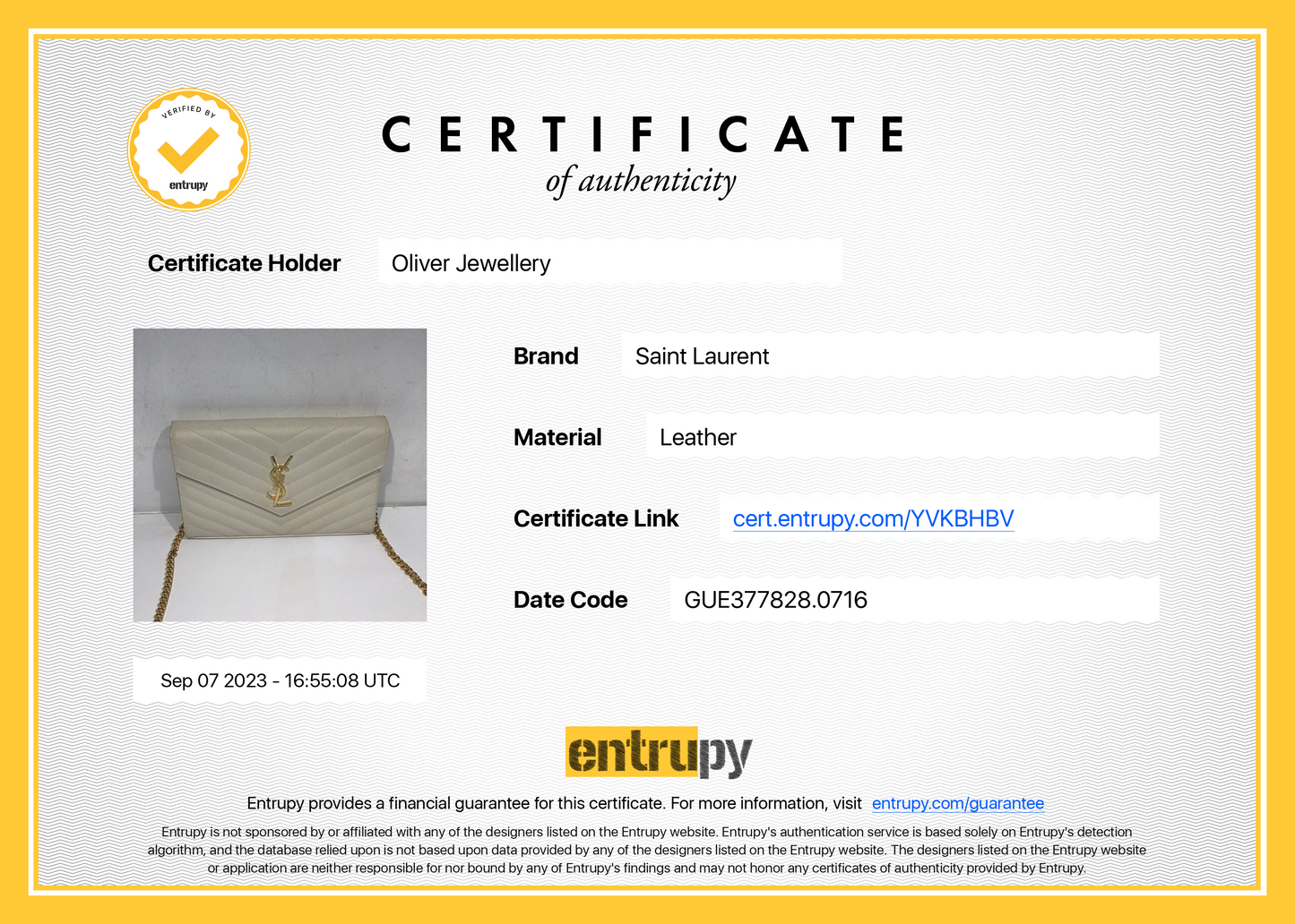 Saint Laurent White Grained de Poudre Cassandre Matelasse Chain Wallet