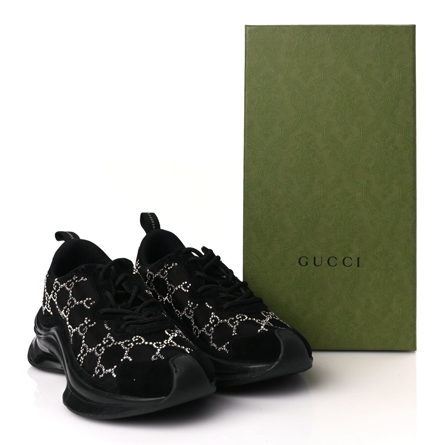Gucci Tela Retino Mesh Crystal Suede GG Monogram Womens Gucci Run Sneakers 36 Black Silver