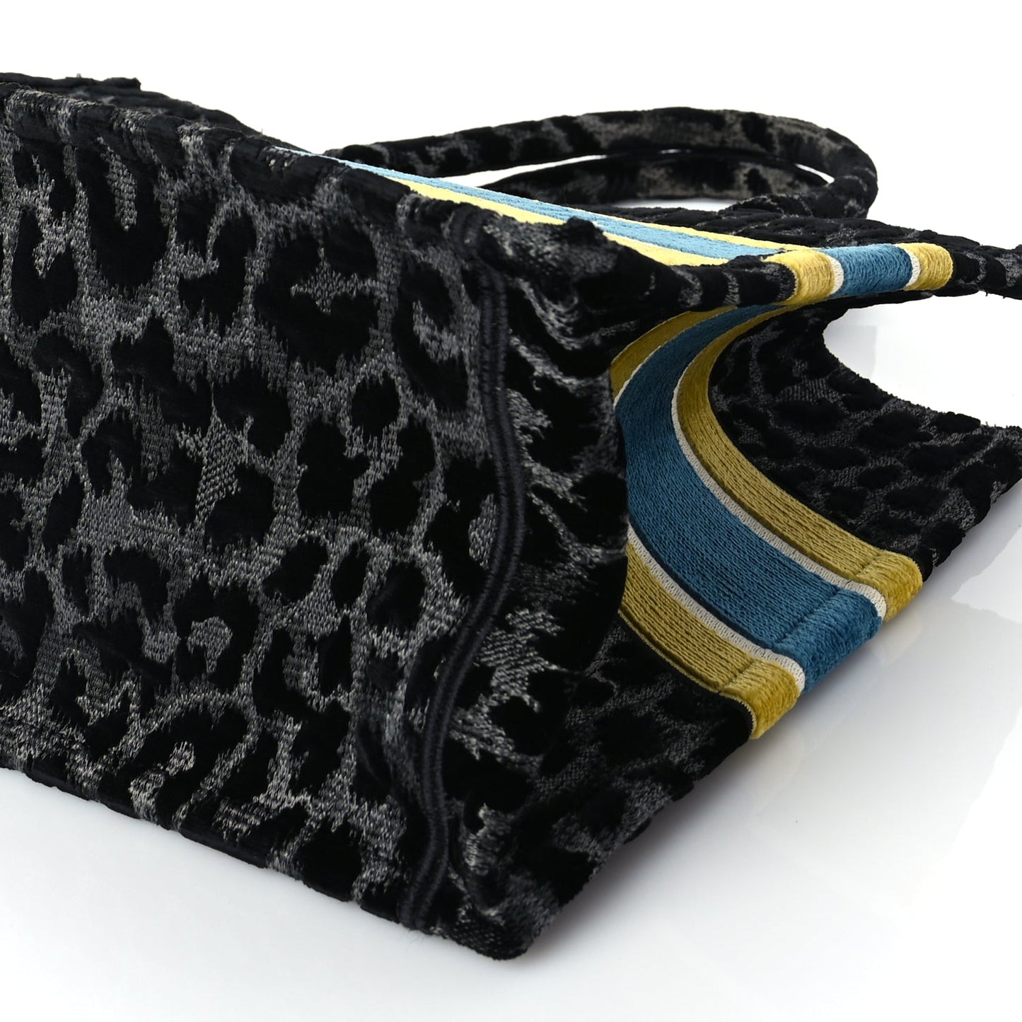 Christian Dior Velvet Mizza Embroidered Medium Leopard Book Tote Black Yellow Blue