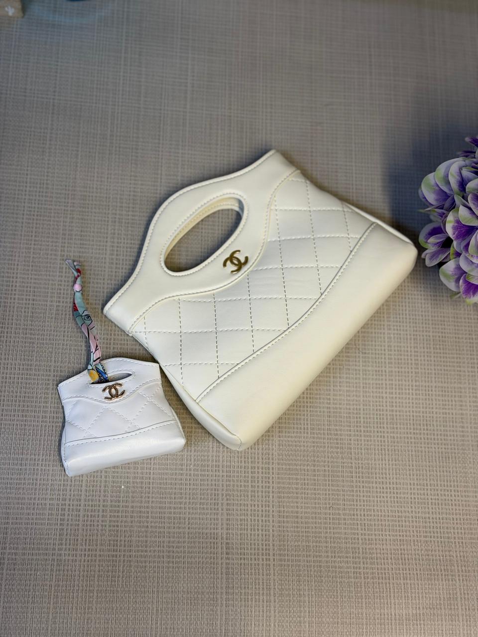 Chanel Quilted Leather Top Handle Tote Bag White with Coin Pouch