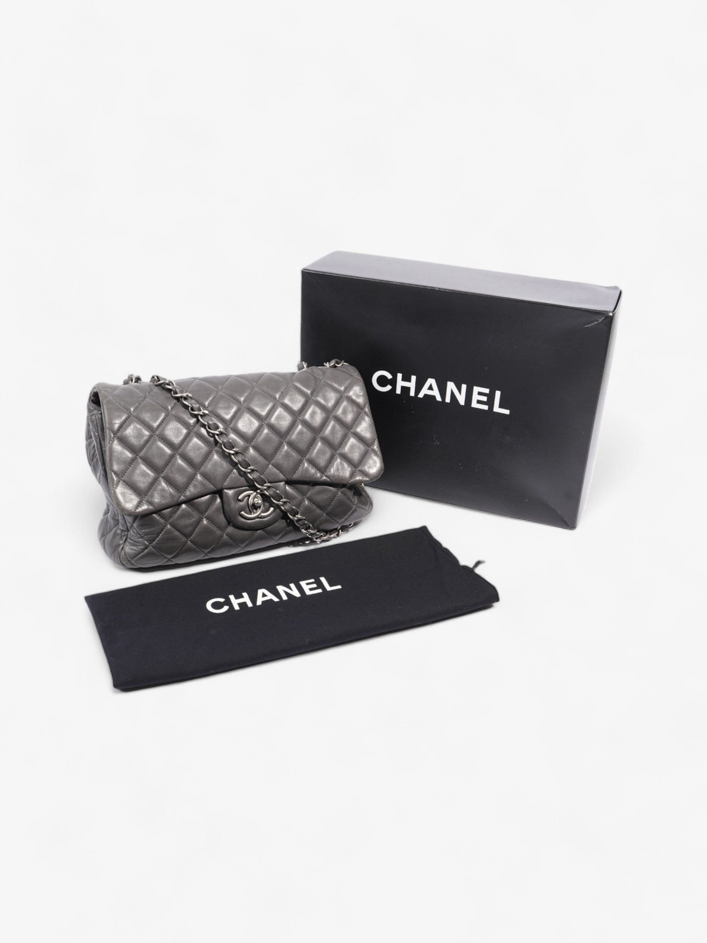 Chanel Classic Single Flap Grey Lambskin Leather Jumbo