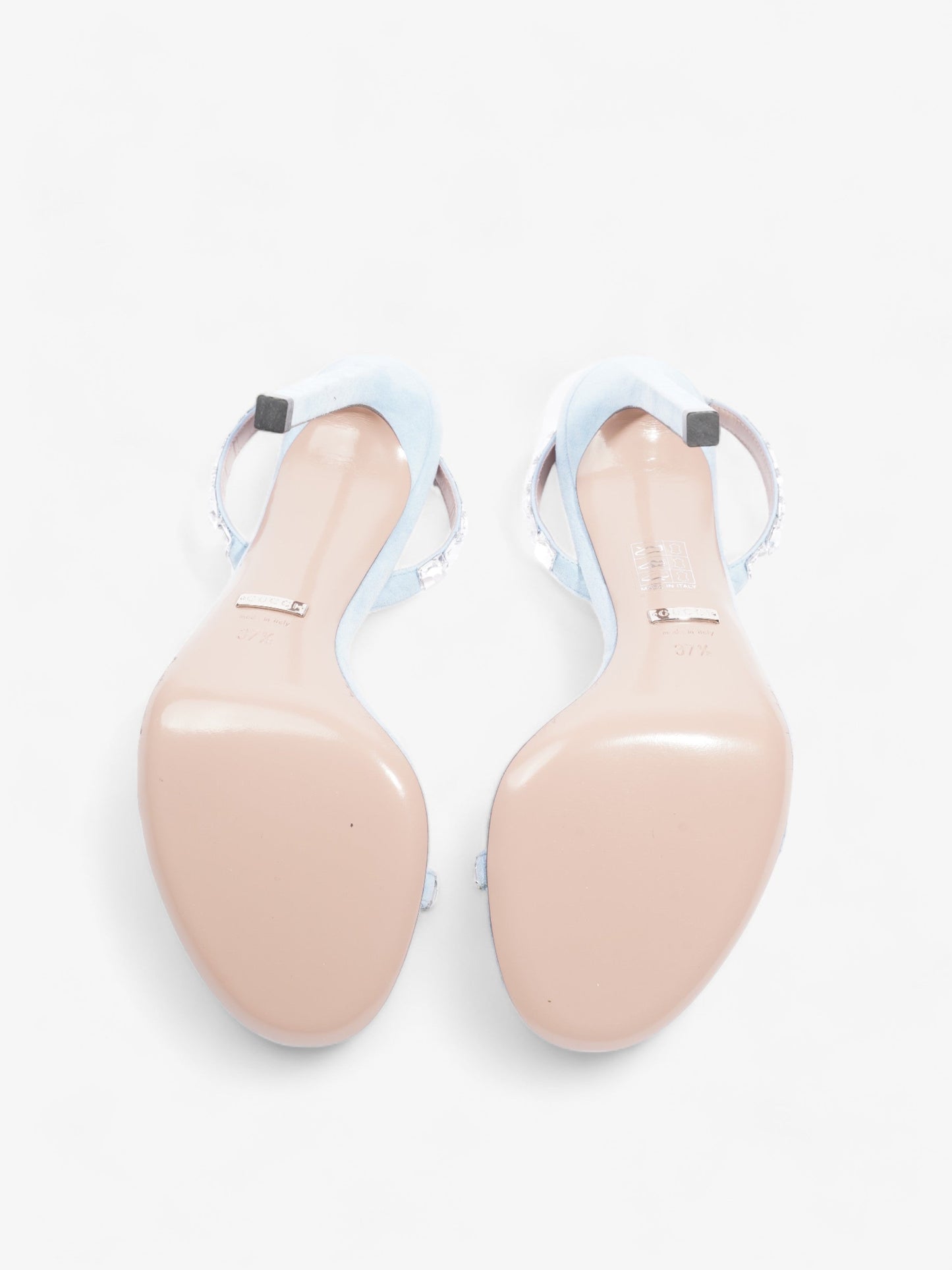 Gucci Kid Scamosciato Crystallo Mallory Slingback 100mm Mineral Blue Suede EU 37.5 UK 4.5