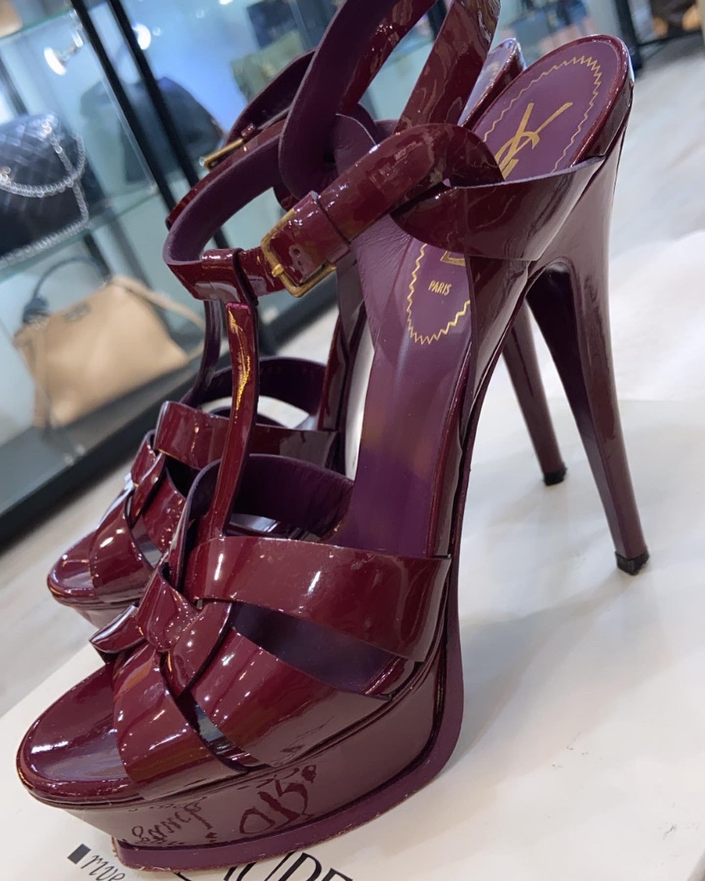 SAINT LAURENT PATENT LEATHER TRIBUTE 105 PLATFORM SANDALS