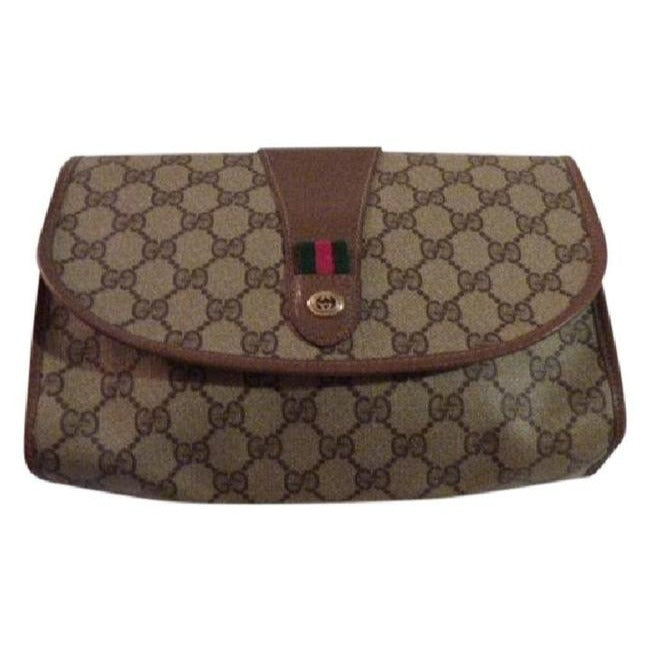 Gucci Vintage Purses Brown Leather And Gg Leather Clutch