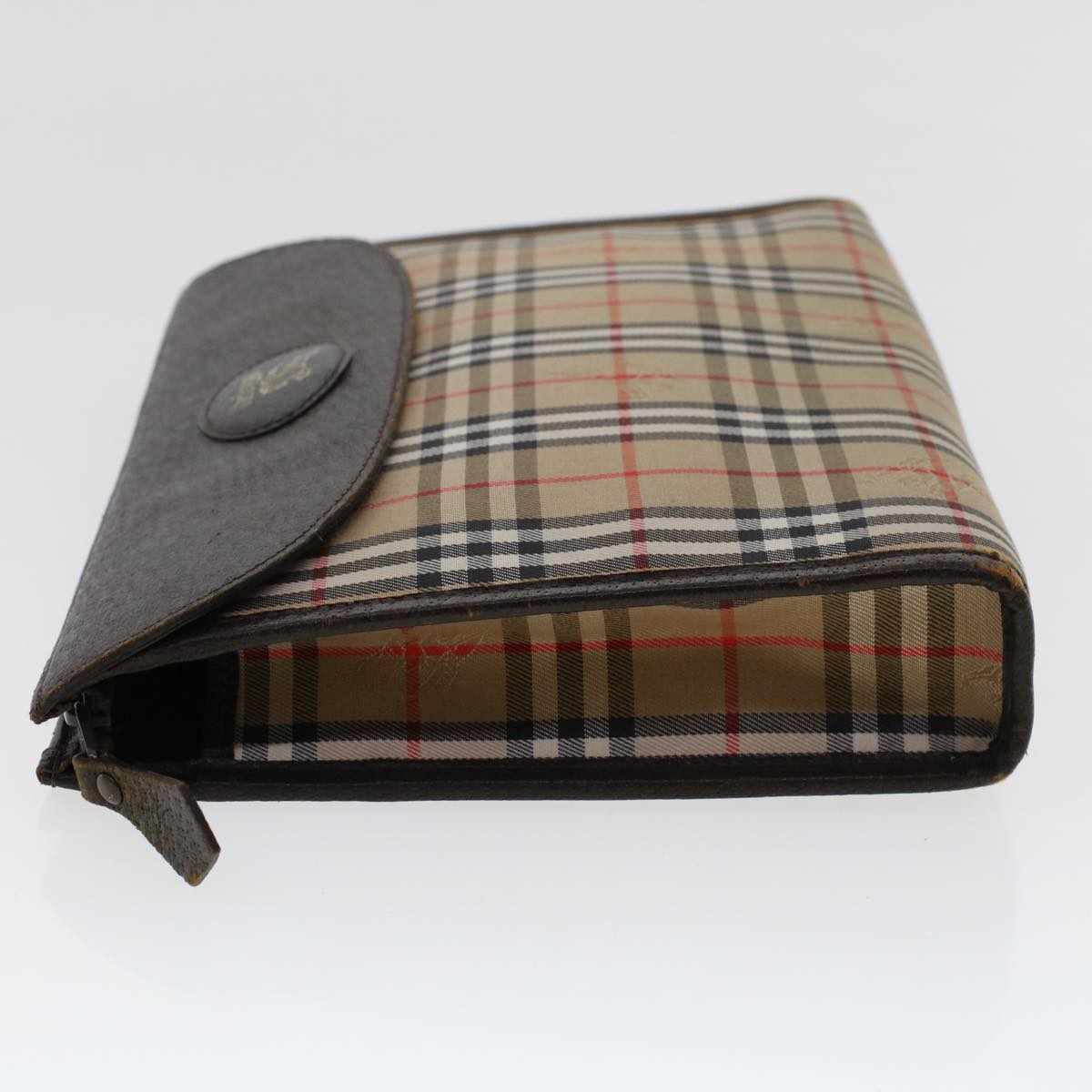 Luxury BurberrySs Nova Check Clutch Bag Nylon Leather Beige Auth am4674