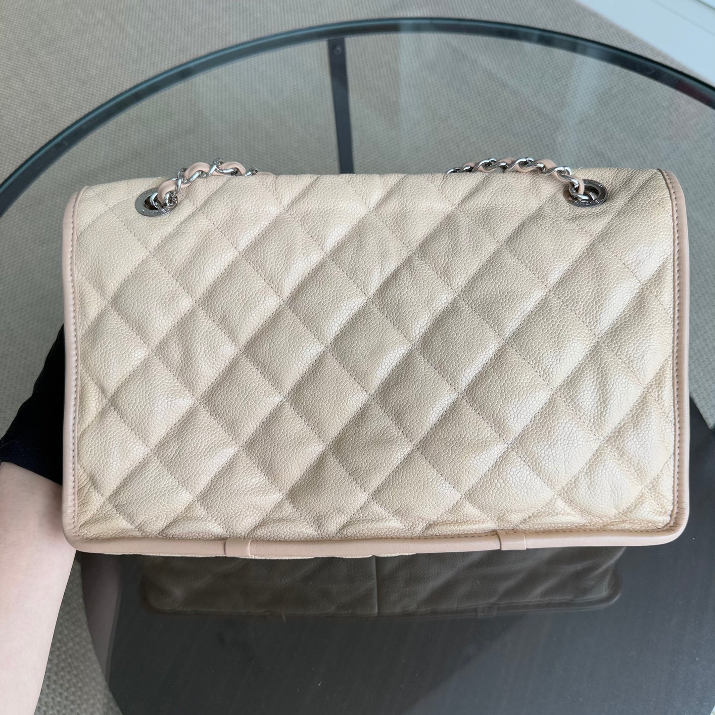 Chanel French Riviera Jumbo - Caviar Quilted Beige Silver Hardware Series 17