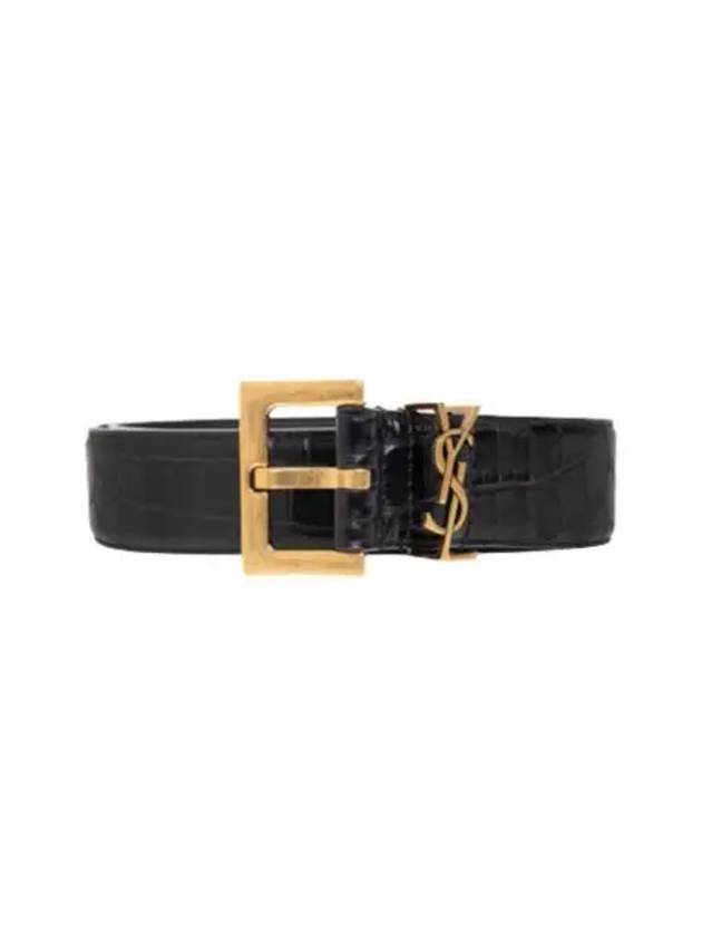 Luxury Saint Laurent Trending 2025 Cassandra Square Crocodile Leather Buckle Belt Black