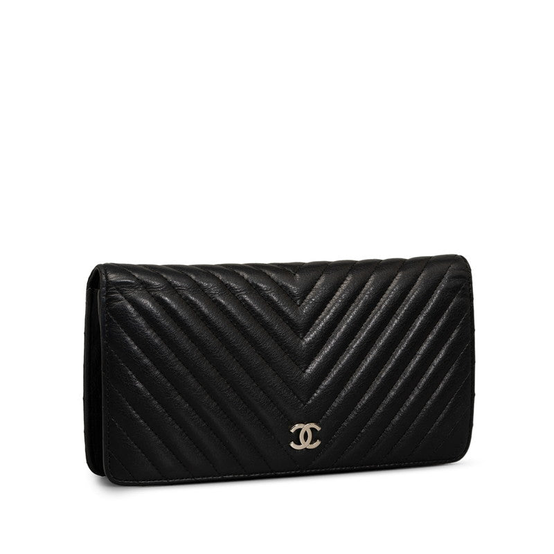 Chanel Chevron Cocomark V titch Long Wallet Black Silver CHANEL