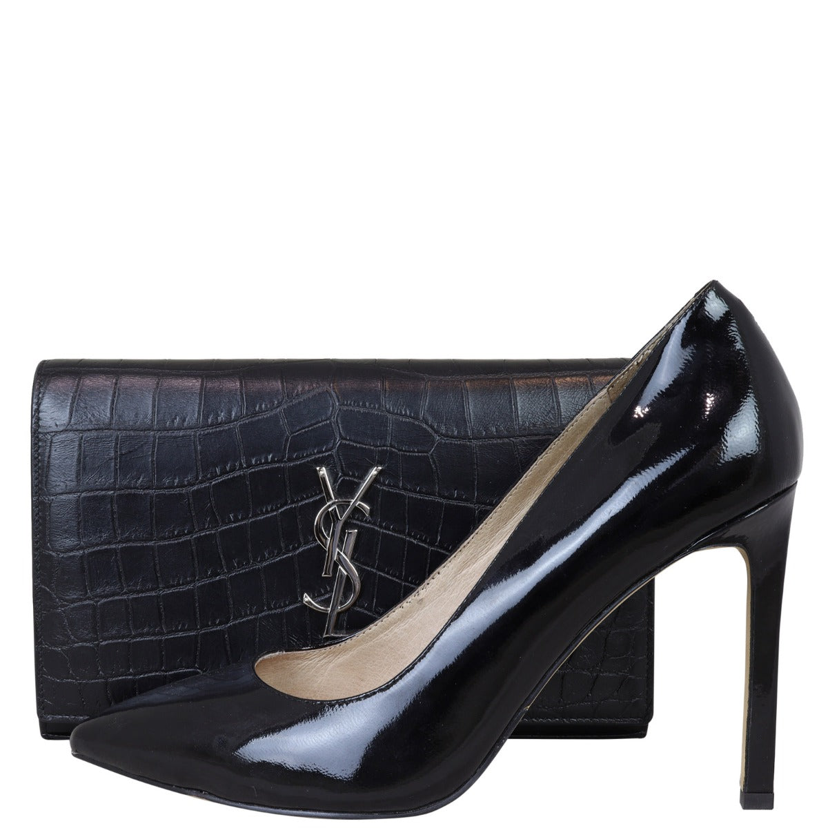 Saint Laurent Cassandre Chain Wallet Croc-Embossed