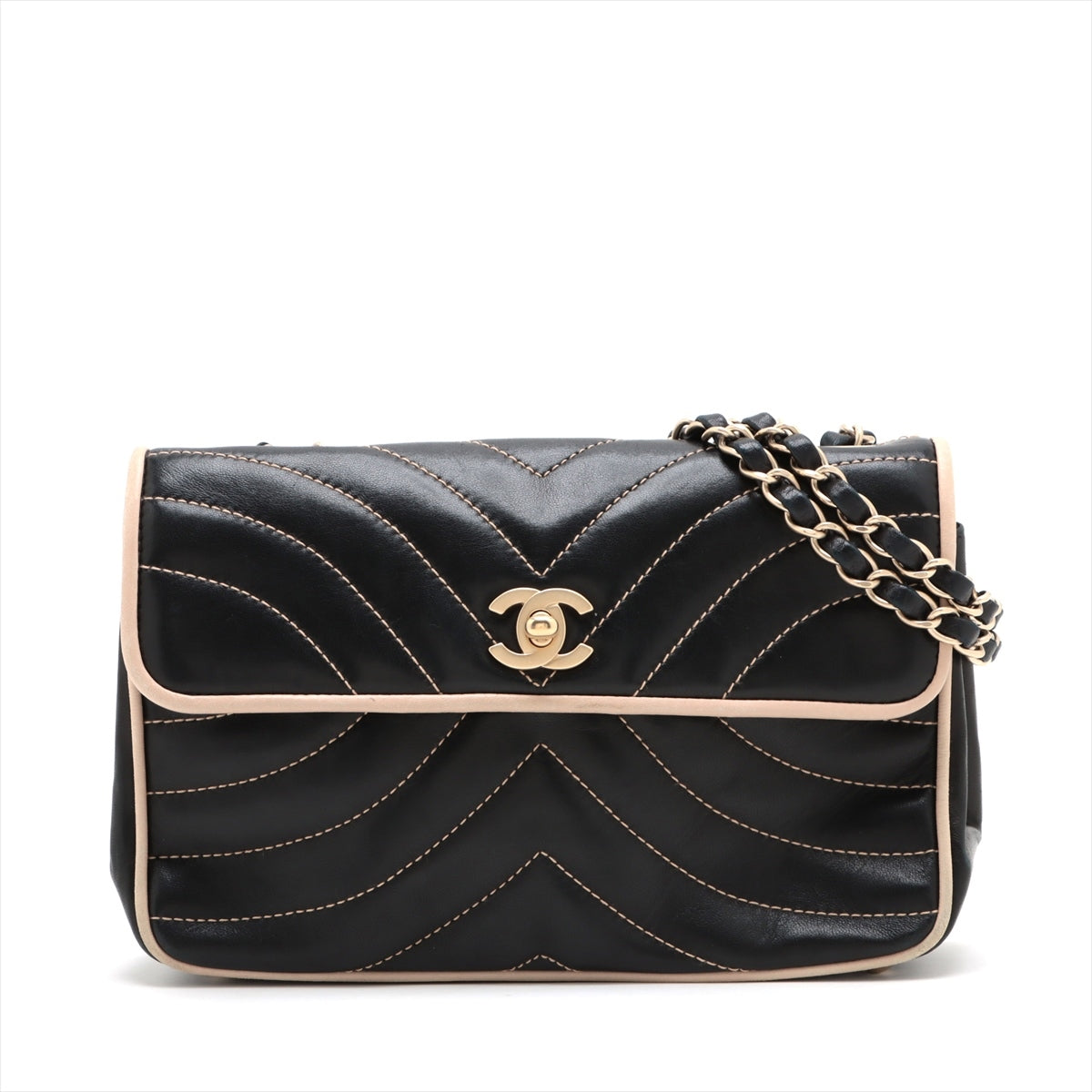 Chanel Chevron Single Flap Double Chain Bag Black Gold 8th