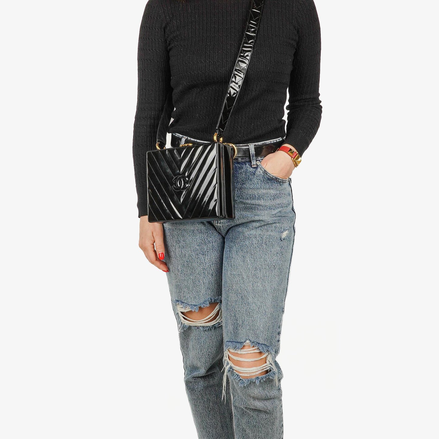 Chanel Black Chevron Quilted Patent Leather Vanity Case Box Bag