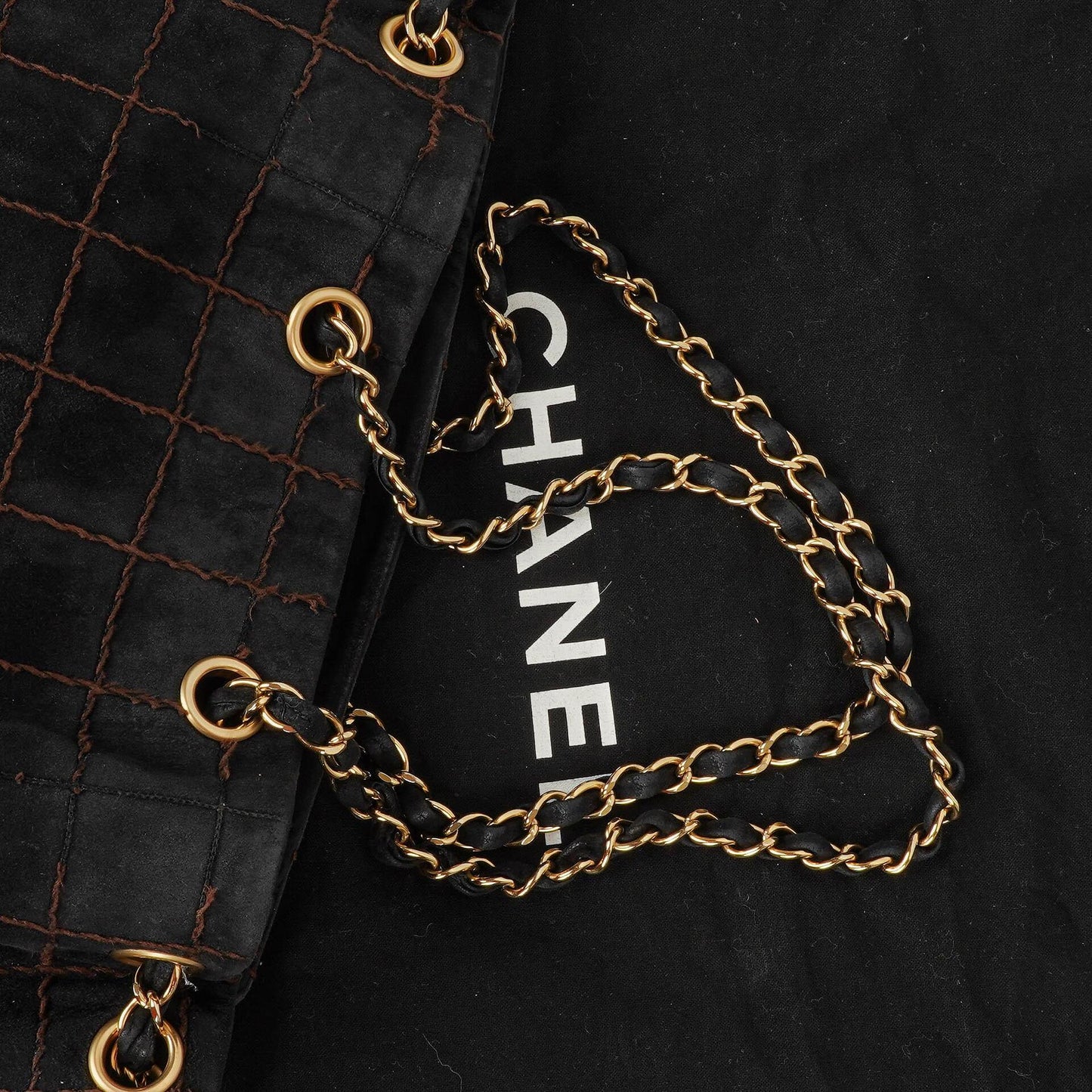 Chanel Black Suede Stitched Chocolate Bar Drawstring Tote Bag
