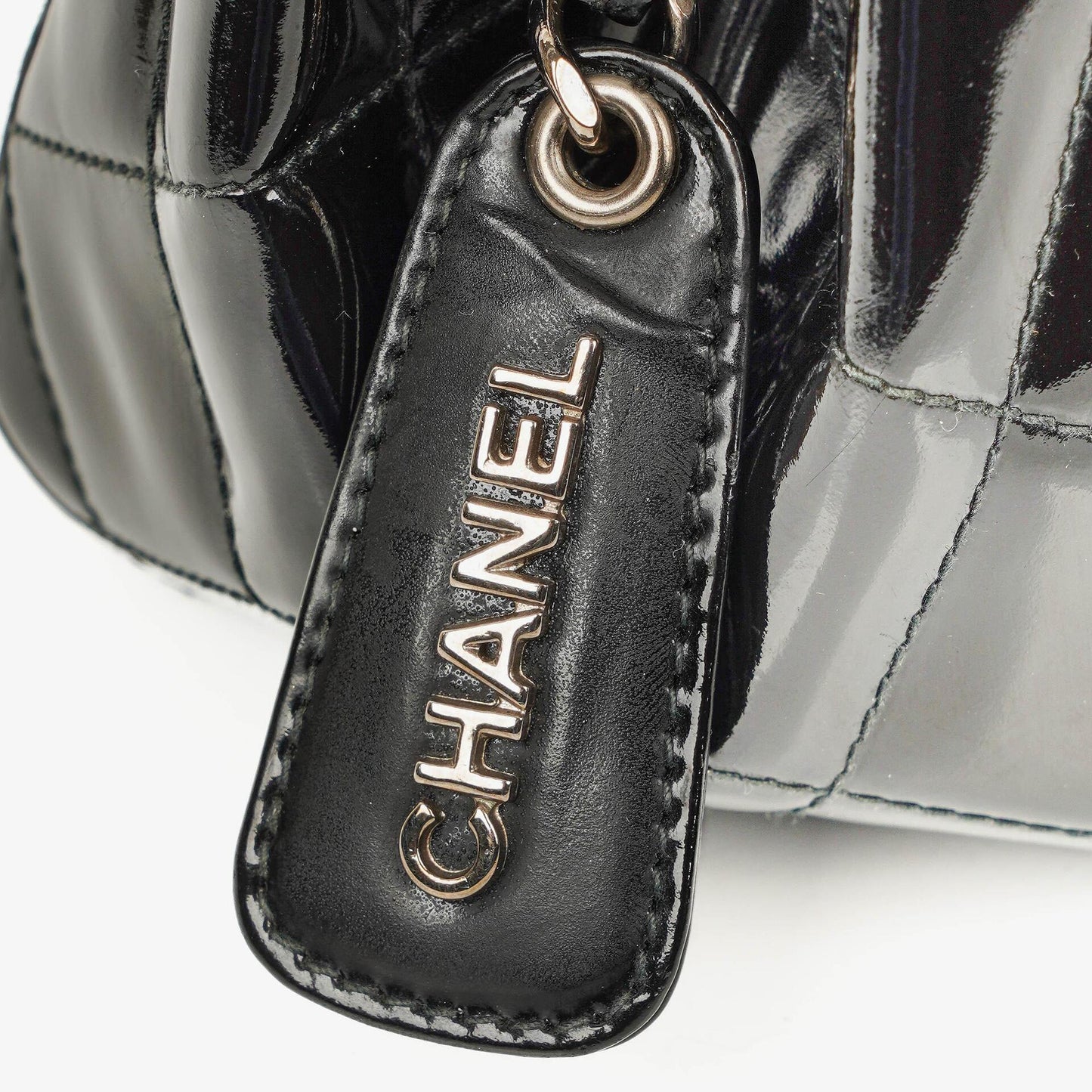 Chanel CC Front Pocket Black Quilted Patent Leather Small Tote Bag