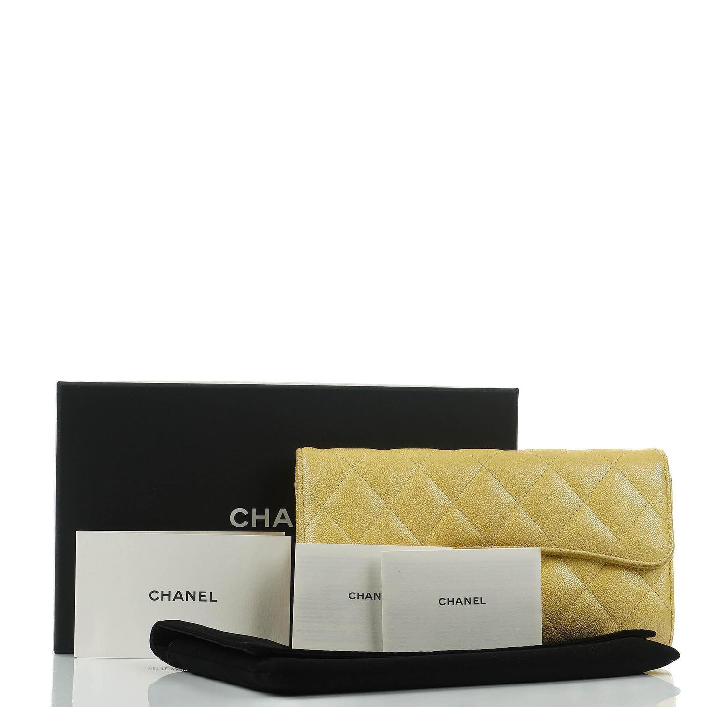 Chanel Classic Flap Wallet "Petite Maroquinerie" In Metallic Yellow Quilted Caviar Leather