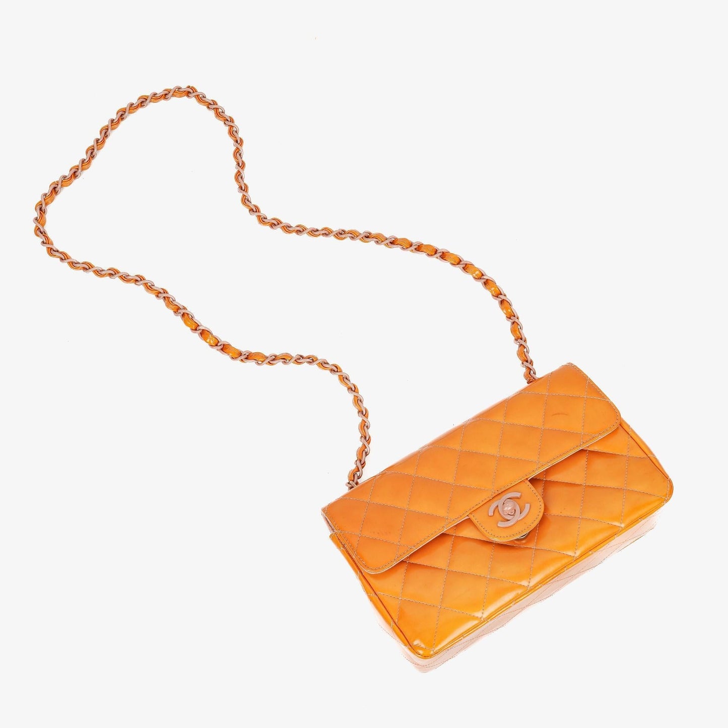 Chanel Classic Mini Rectangular Single Flap Bag Orange Patent Leather