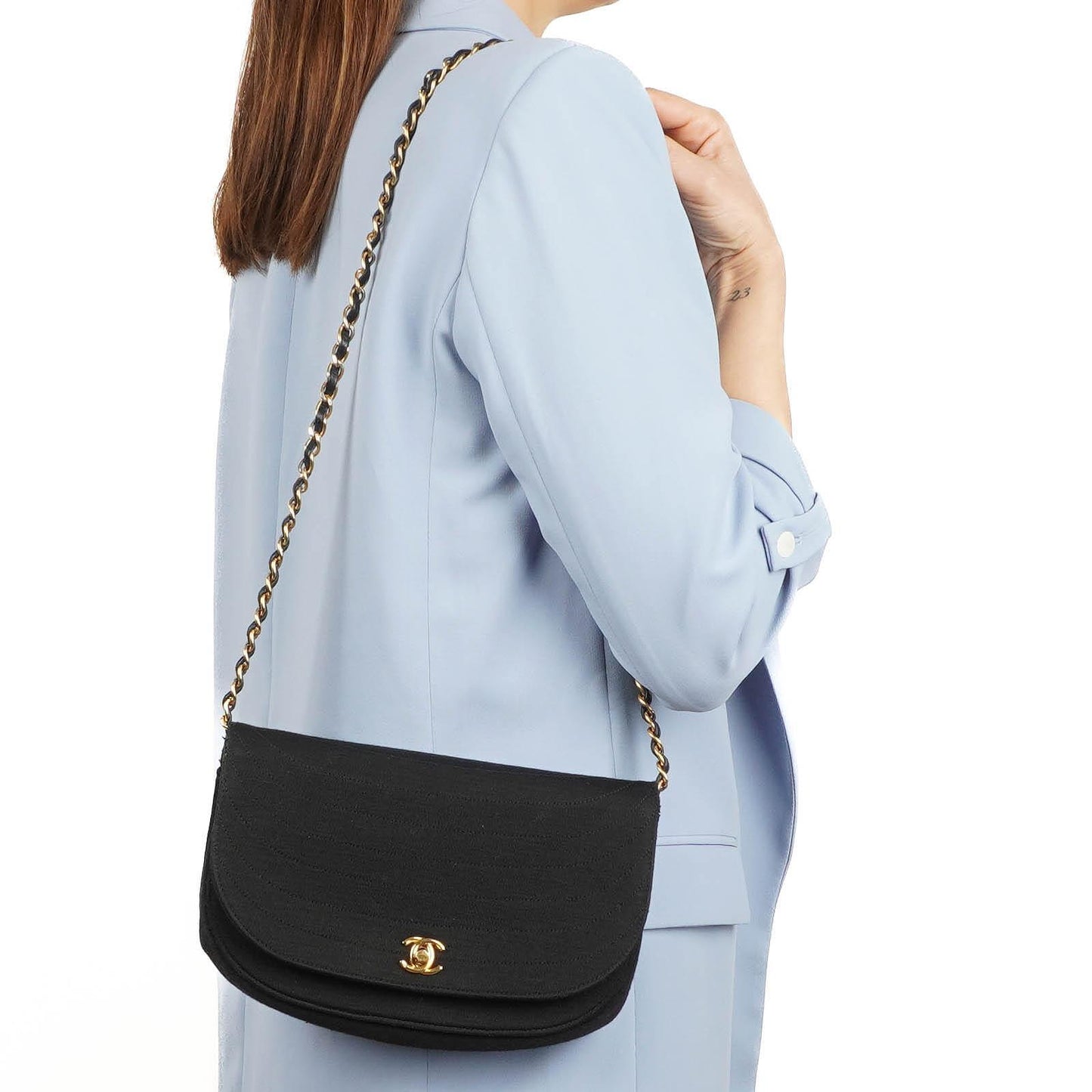 Chanel Half-Moon Flap Bag In Black Quilted Jersey And 24K Gold-Plated Hardware