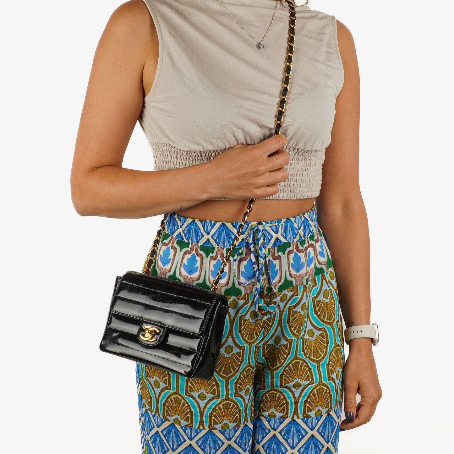 Chanel Mini Flap Square Bag in Black Horizontal Quilted Patent Leather with 24K Gold-Plated Hardware