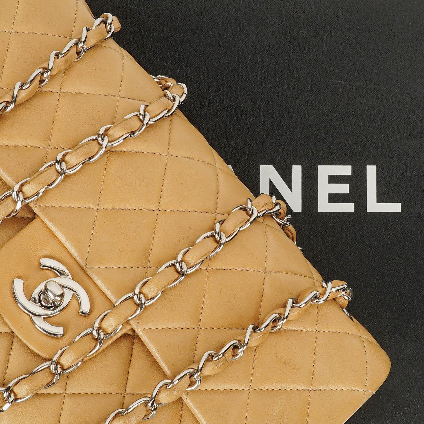 Chanel Small Clasic Double Flap Beige Quilted Lambskin With Silver-tone Hardware